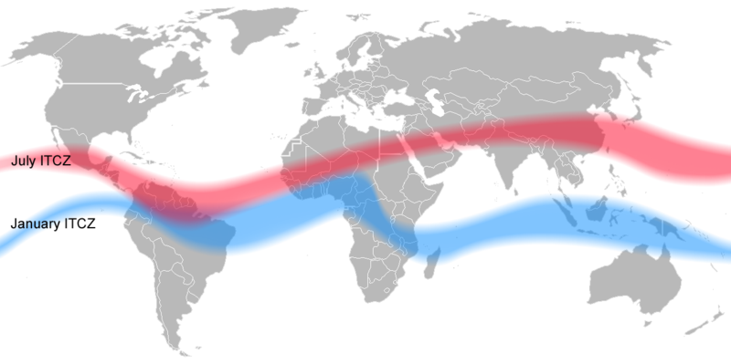 The ITCZ's normal movement north and south of the equator. (Image from Wikipedia.)